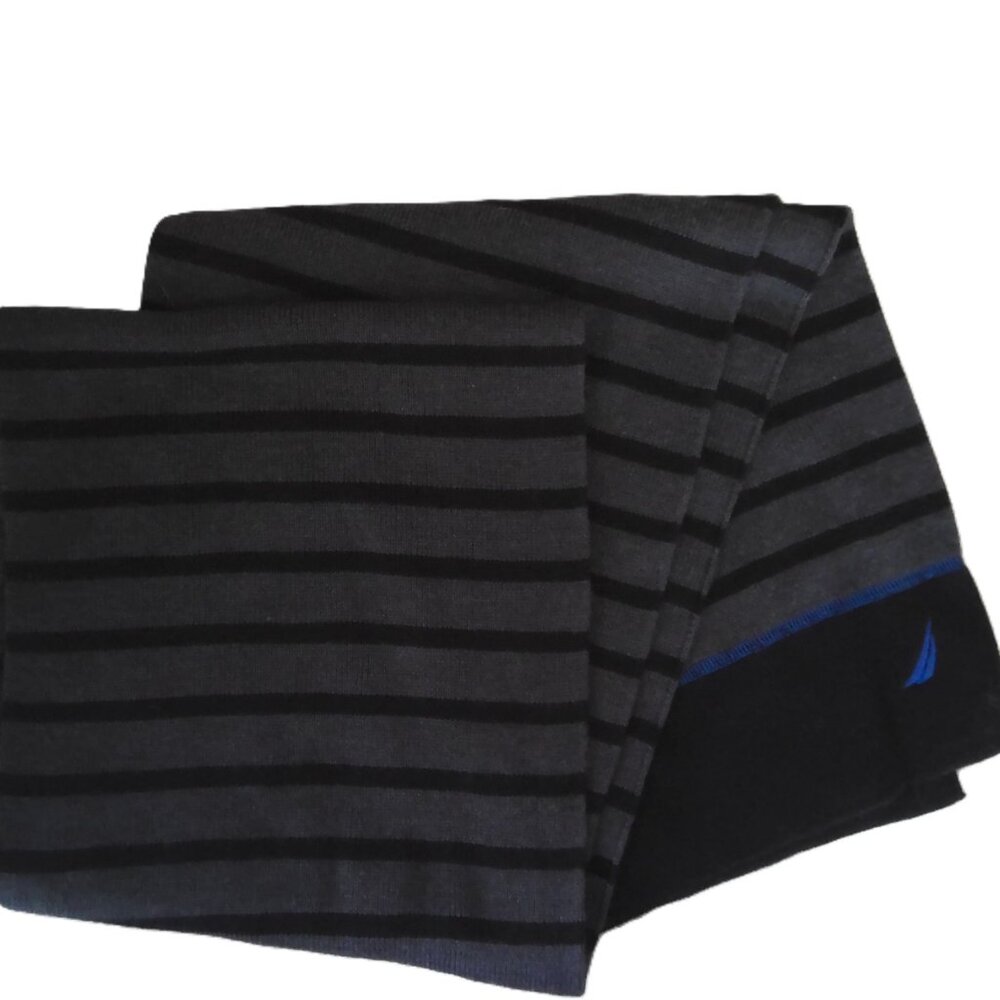 New Nautica Men's Scarf Gray & Black Striped Knit Blue Logo Long Soft & Warm